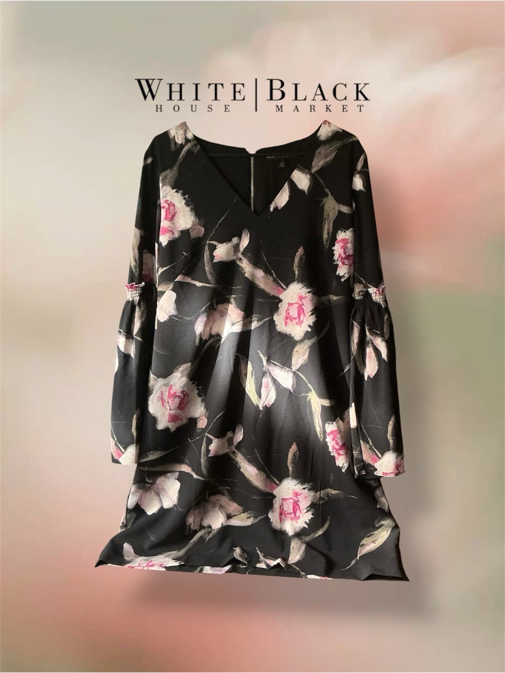 White House Black Market Women’s 14 Black Floral Bell-Sleeve Shift Dress 🌹🖤